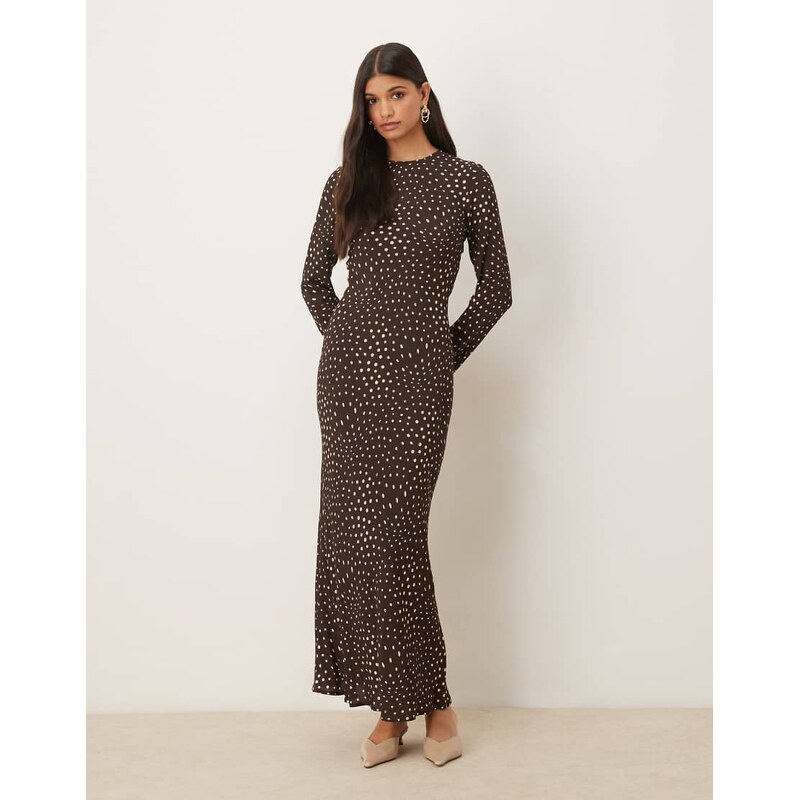 ASOS DESIGN crew neck long sleeve maxi dress in brown spot-Multi