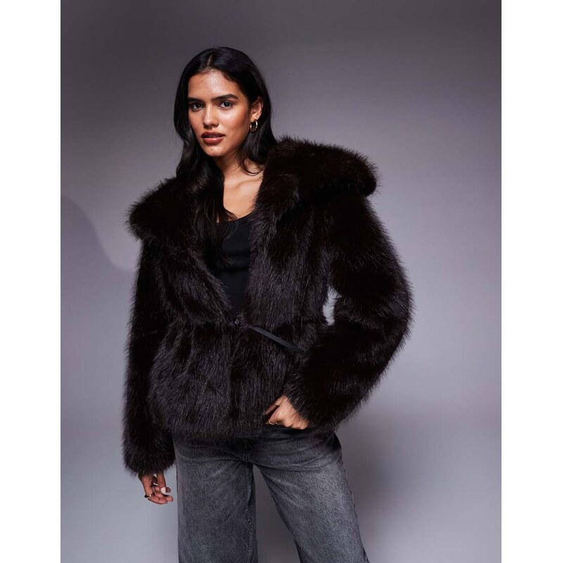 River Island faux fur short belted jacket in dark brown 108737036