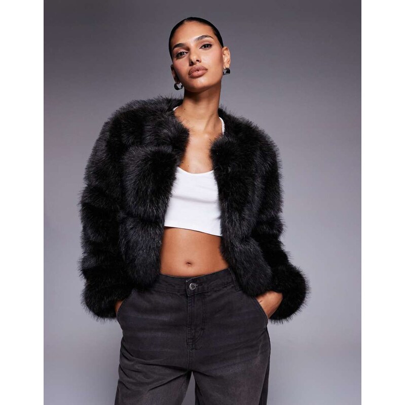 River Island cropped faux fur panelled jacket in dark brown 108737037