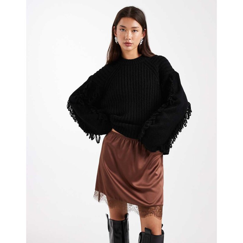 ASOS DESIGN lace trim satin mini skirt in chocolate-Brown
