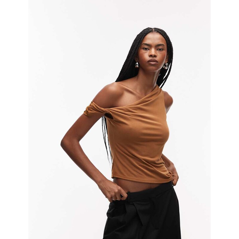 ASOS DESIGN modal off shoulder twist detail top in camel-Neutral