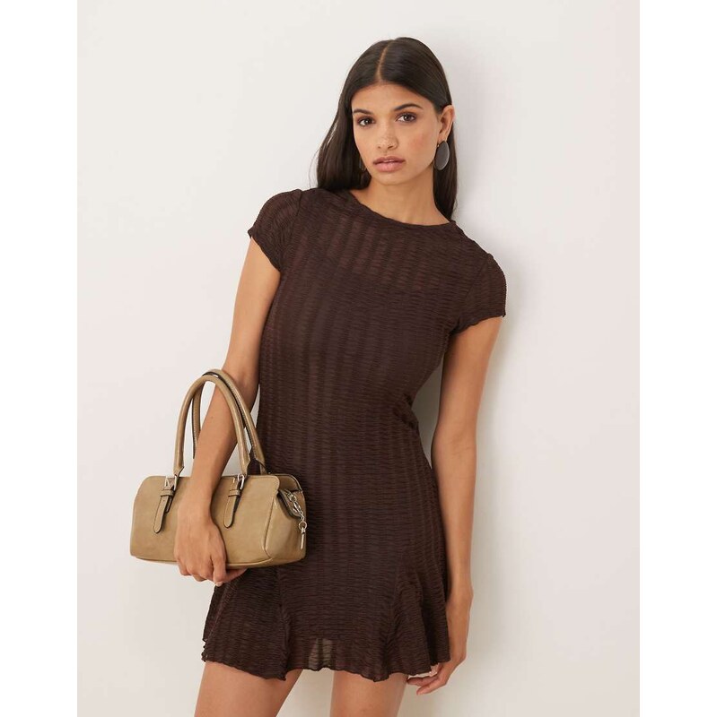 ASOS DESIGN textured short sleeve mini swing dress in chocolate