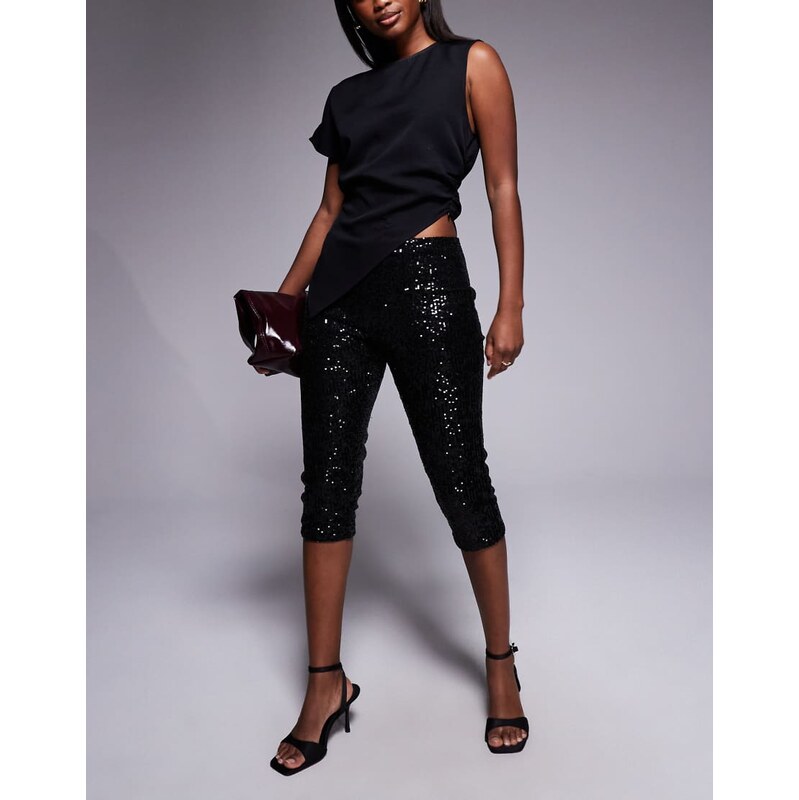 ASOS DESIGN sequin capri trousers with side split in black