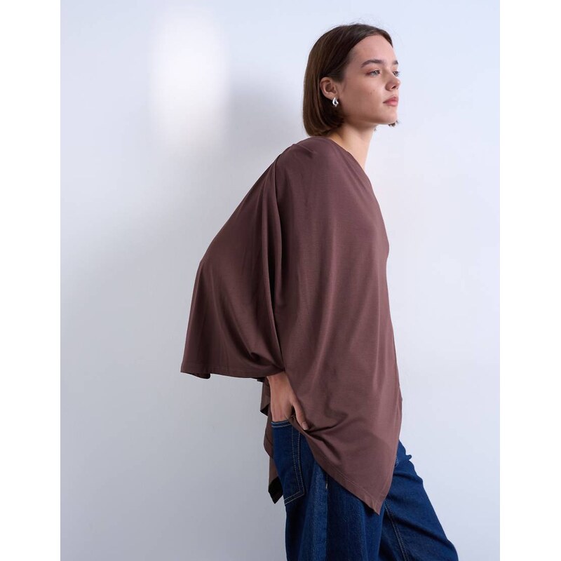 Topshop waterfall cape one shoulder long sleeve top in chocolate