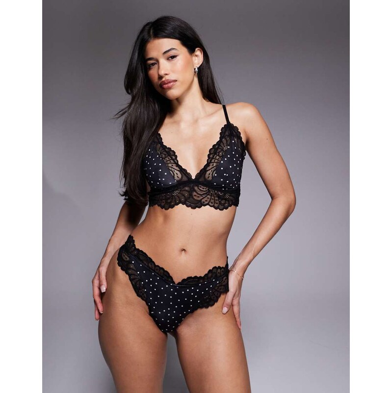 ASOS DESIGN Allegra polka dot & lace thong in black & white
