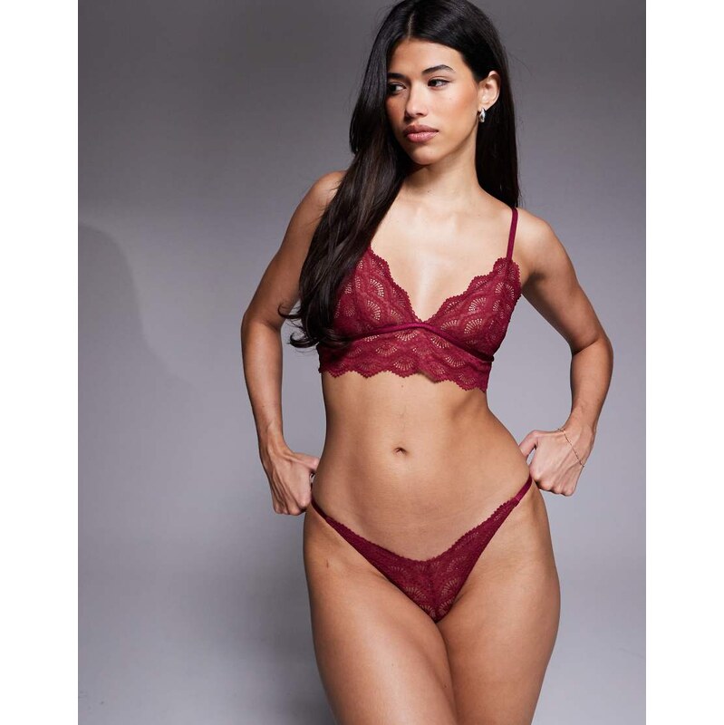 ASOS DESIGN Bryn lace tanga thong in burgundy-Pink 110934977