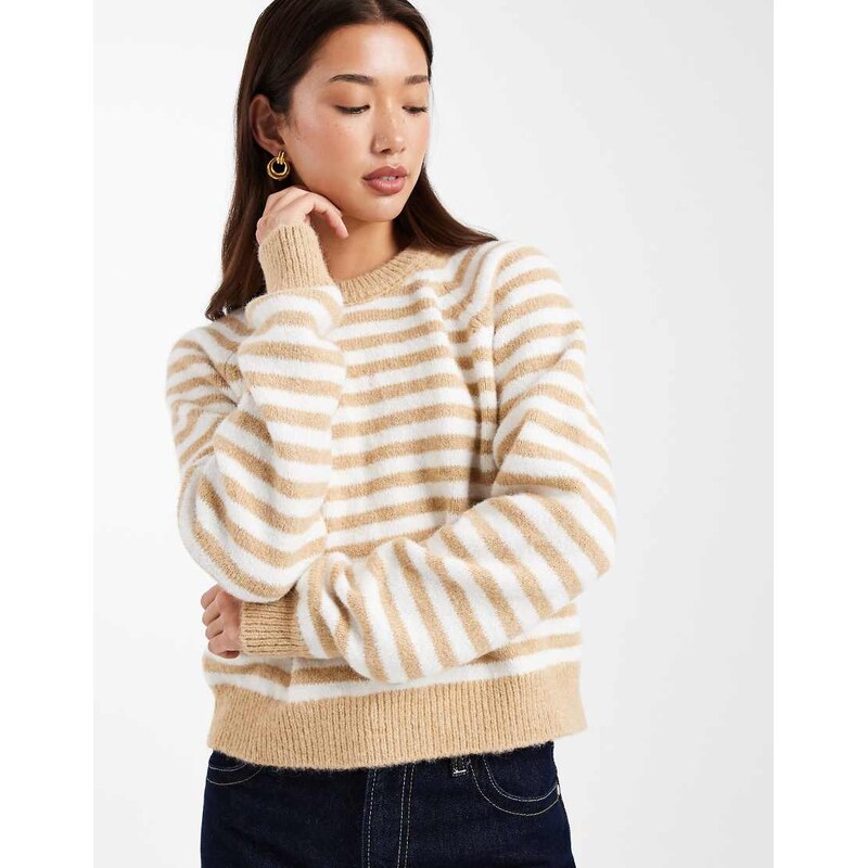ASOS DESIGN fluffy stripe jumper in beige and white stripe-Multi 108737133