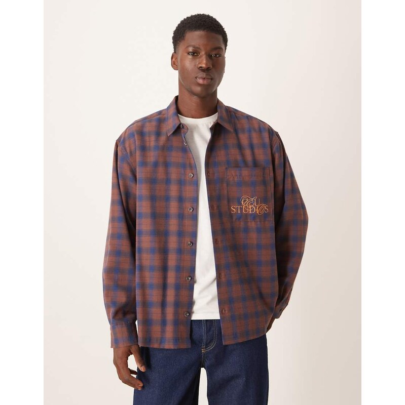 ASOS DESIGN oversized check shirt with chest embroidery in rust