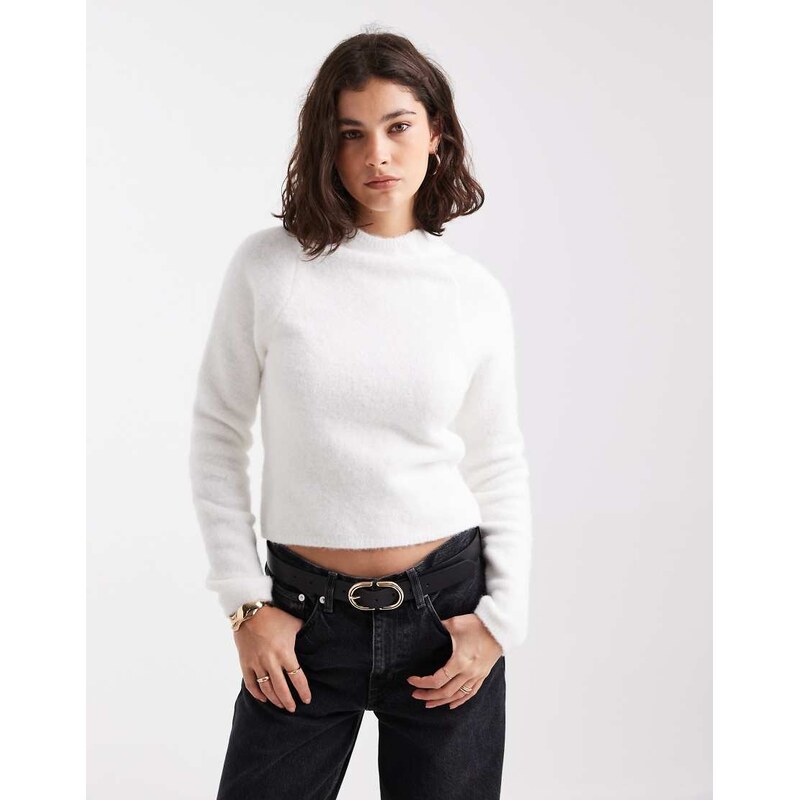 ASOS DESIGN fluffy neat fit raglan jumper in cream-White