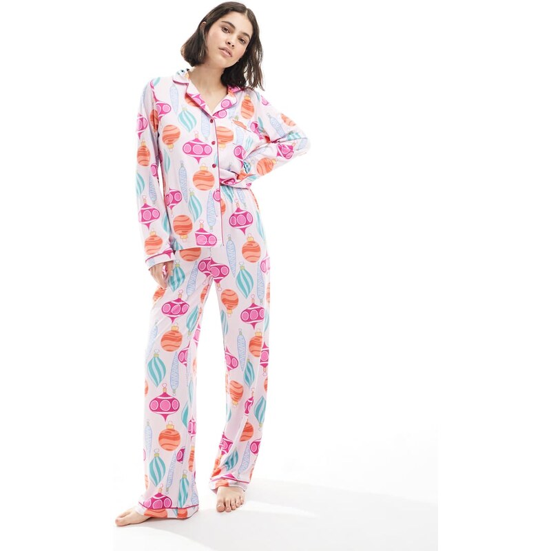 Loungeable Christmas super soft jersey revere top and wide leg