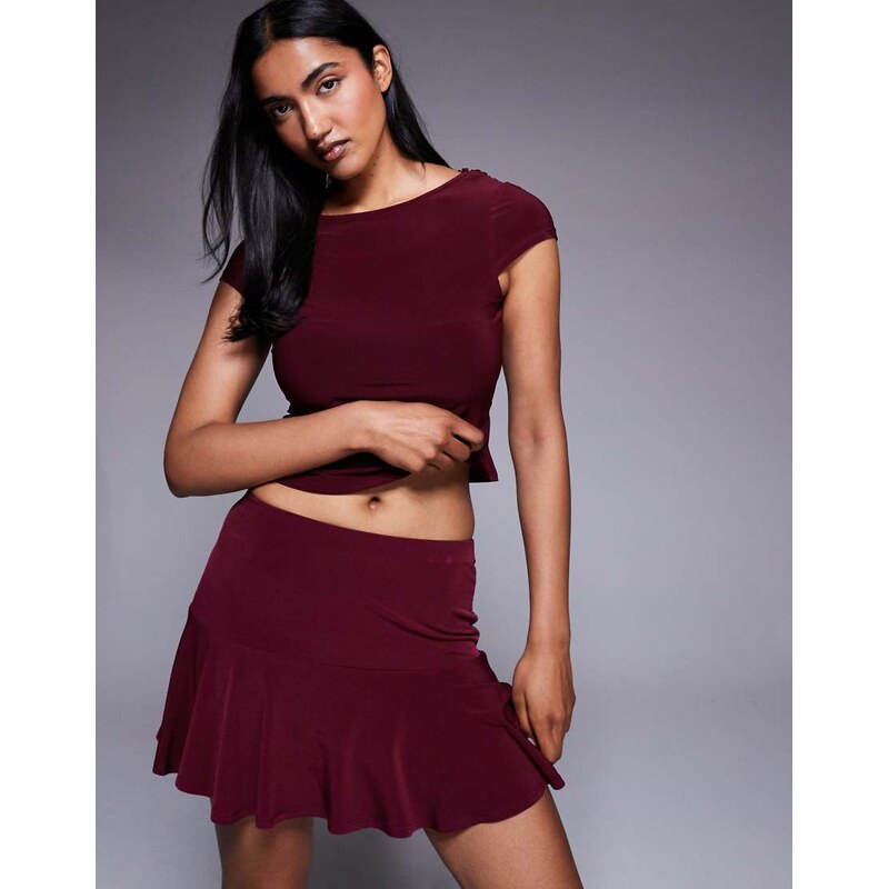 ASOS DESIGN co-ord slinky flippy mini skirt in burgundy-Red