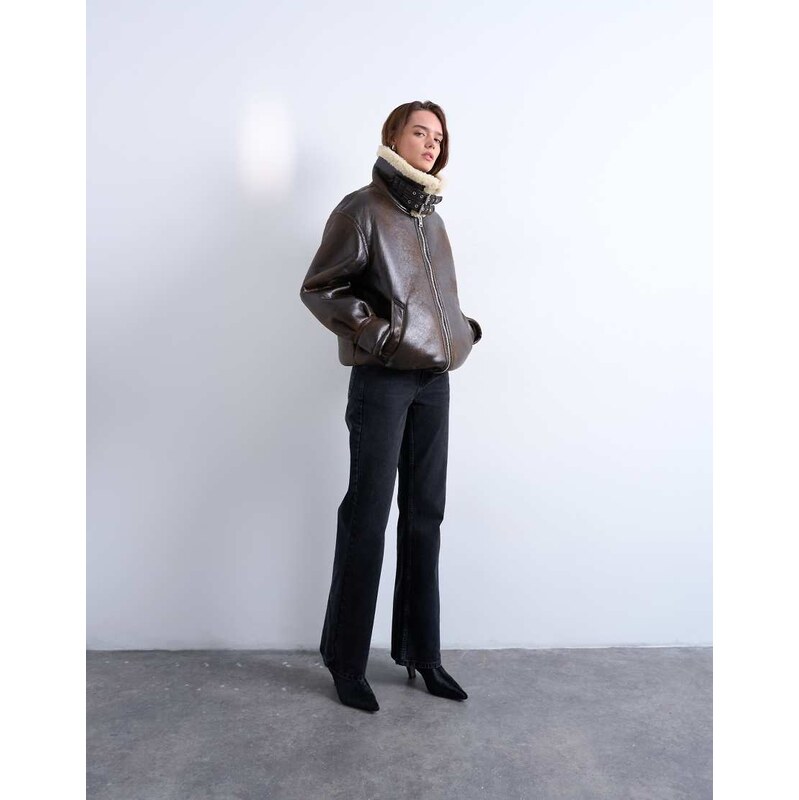 Topshop oversized funnel tab detail shearling bomber in brown