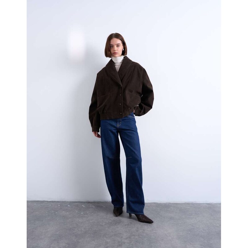 Topshop oversized faux suede shawl bomber jacket in chocolate