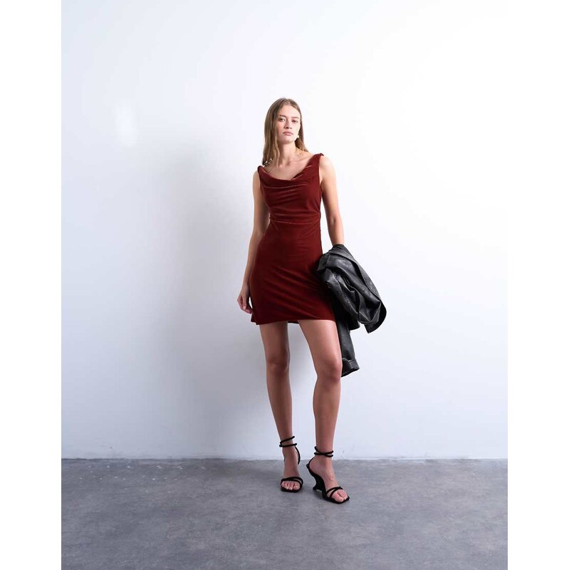 Topshop twist shoulder velvet cami mini dress in tabacco-Brown
