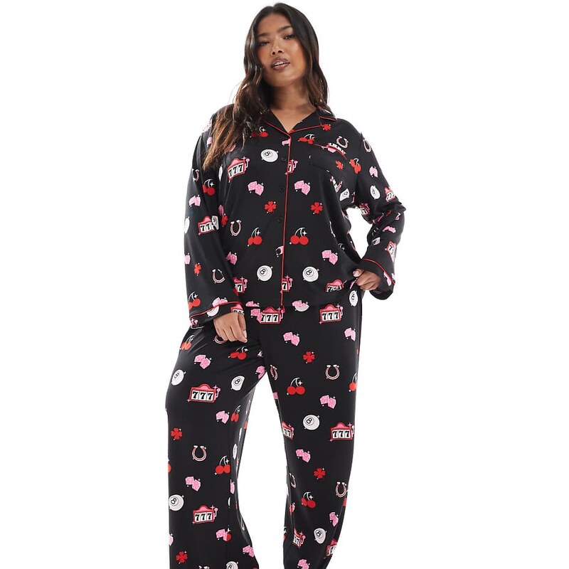 Loungeable Curve supersoft jersey lucky print pyjama set in black 111260378