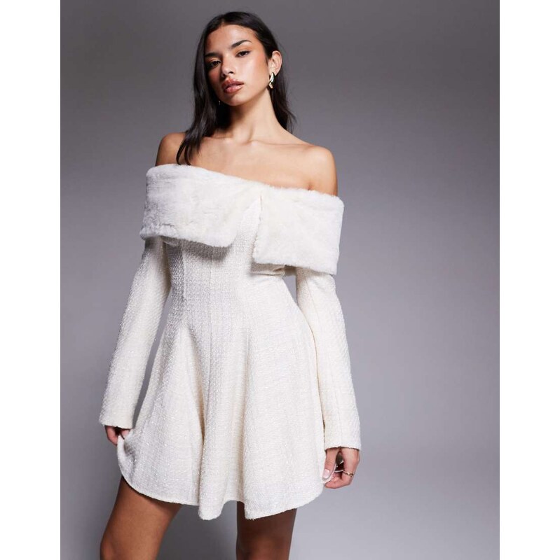 ASOS LUXE boucle mini dress with faux fur trim in cream-White