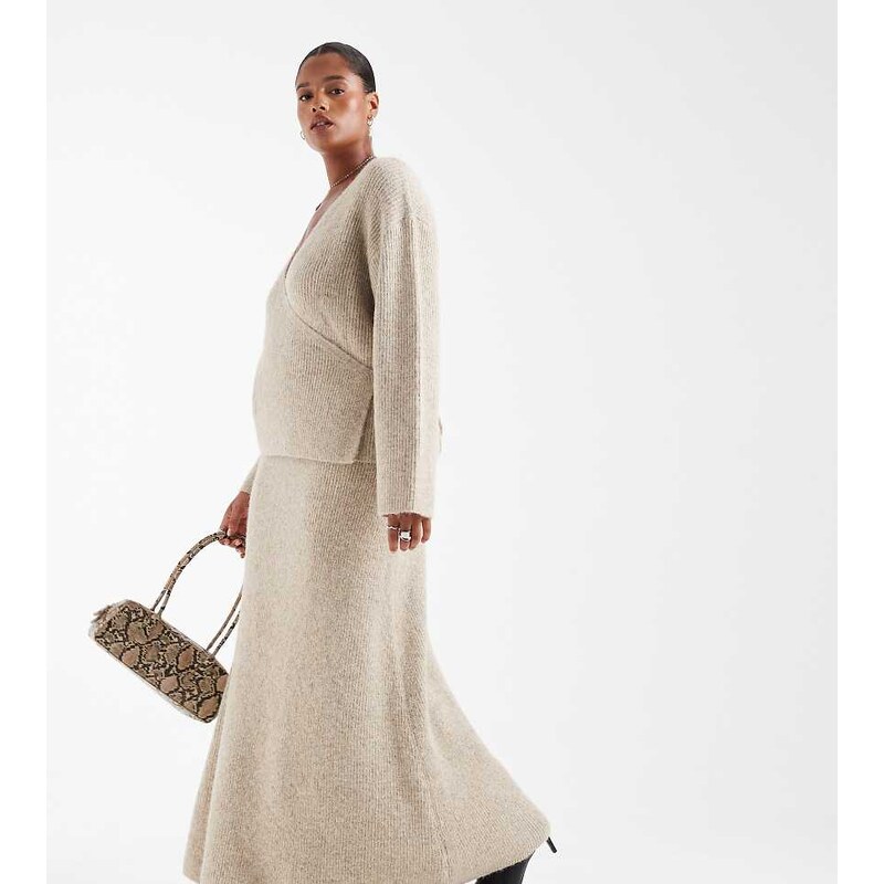 4th & Reckless Plus wool feel soft knitted maxi skirt co-ord in beige 108935885