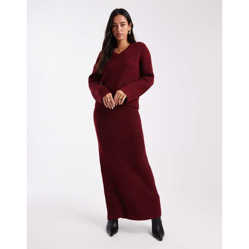 4th & Reckless ribbed knitted maxi skirt co-ord in burgundy-Red