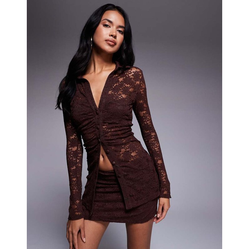 Wanderdoll Lacie plunge neck long sleeve lace shirt co-ord in