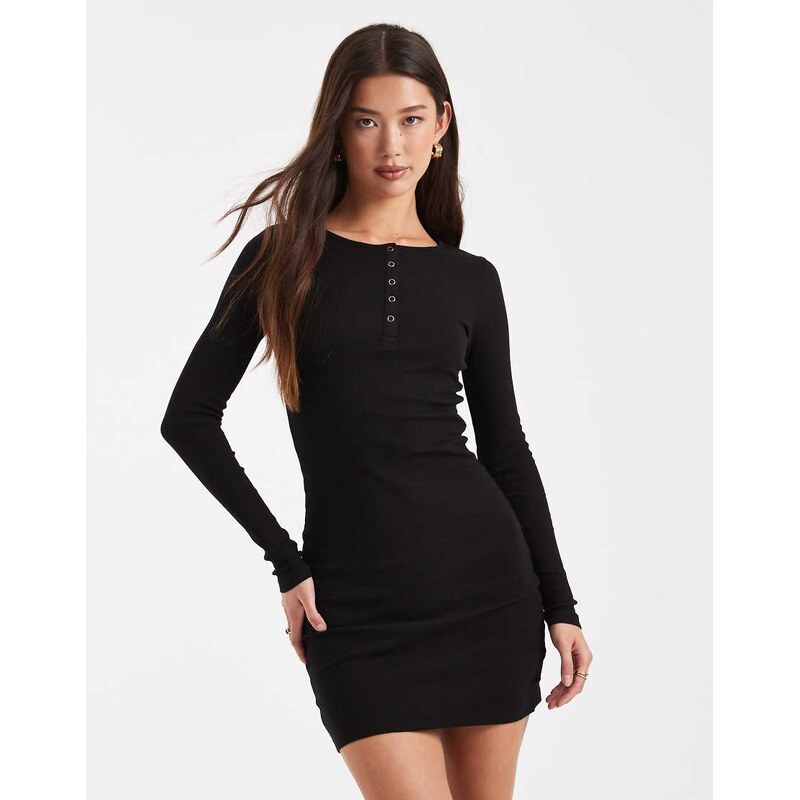 Brave Soul long sleeve ribbed jersey mini dress with button detail in 109369826