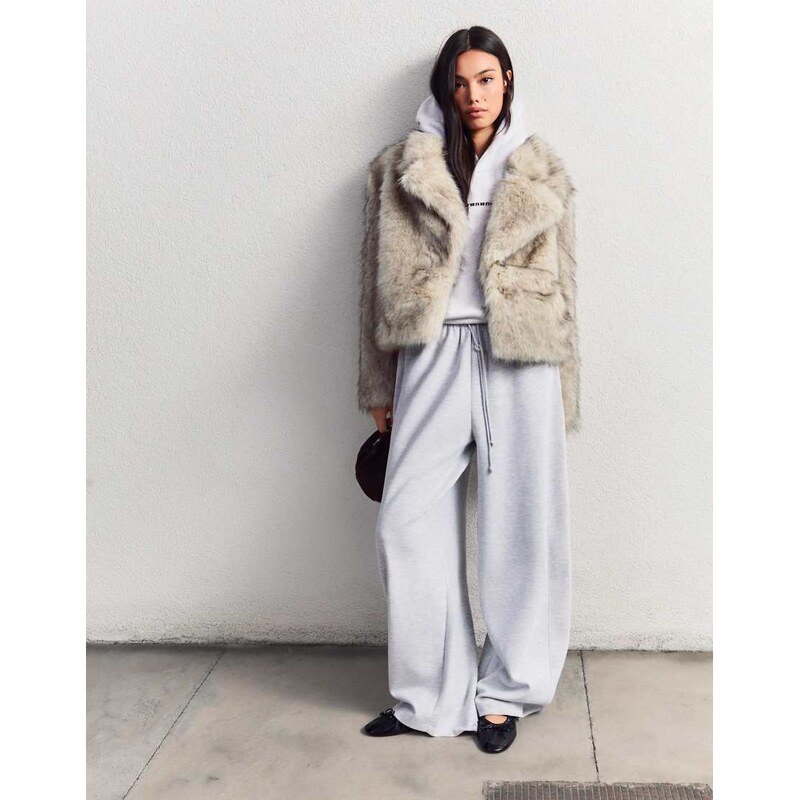 Bershka Faux fur jacket in ecru-White
