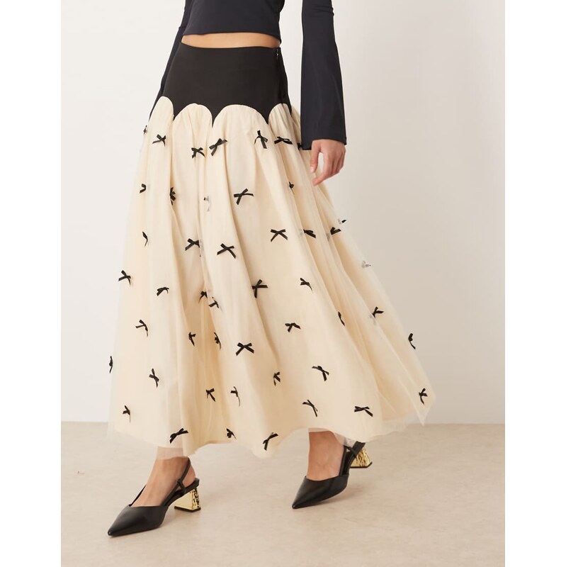 Never Fully Dressed contrast bow drop hem maxi skirt in black