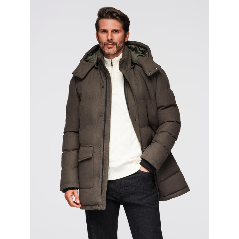 Ombre Mens long warm parka jacket with wool - dark grey melange