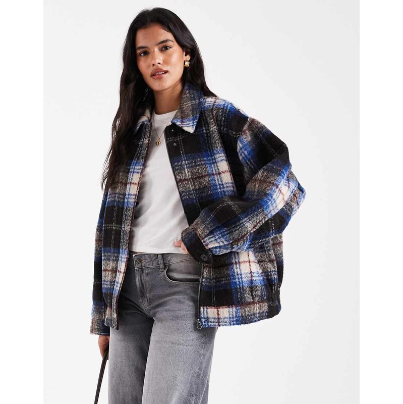 ASOS DESIGN top collar bomber jacket with wool in blue and black