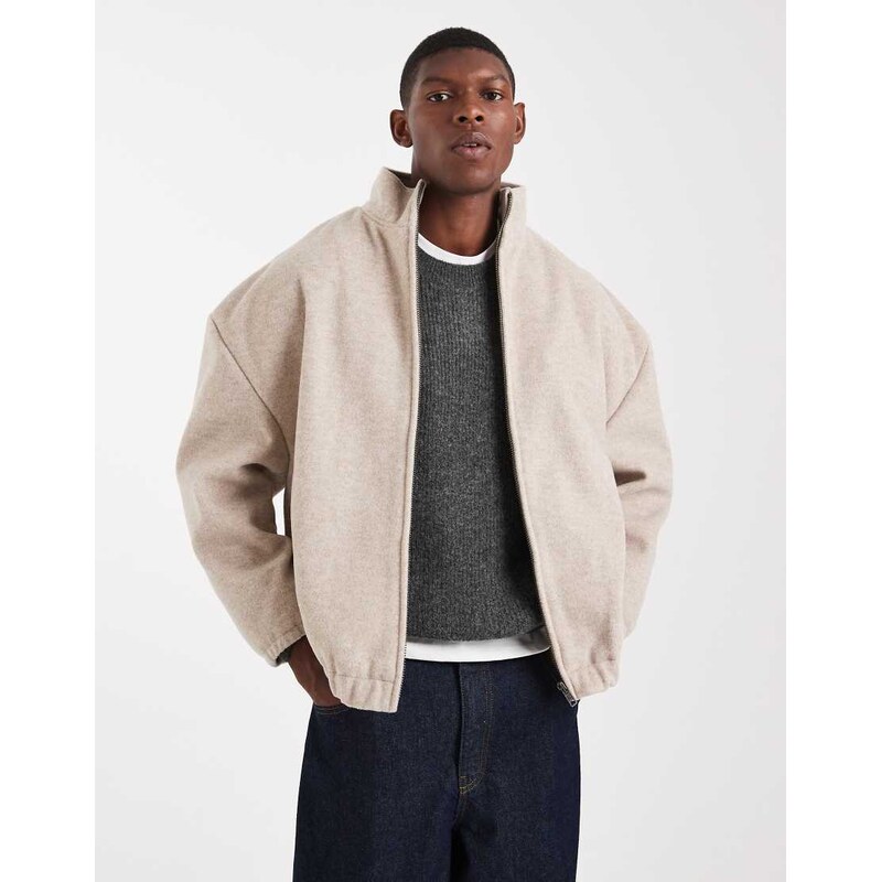 ASOS DESIGN wool look track jacket in stone-Neutral