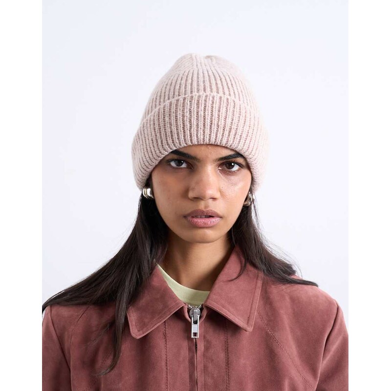 Topshop Henry ribbed beanie in beige-Neutral