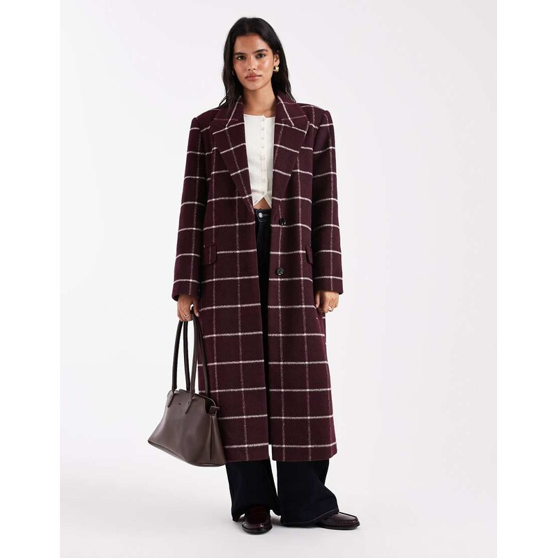ASOS DESIGN longline formal coat in burgundy check-Red