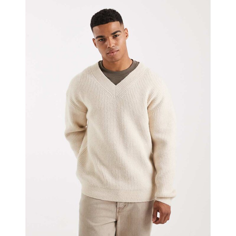New Look soft marl v neck jumper in oatmeal-Neutral