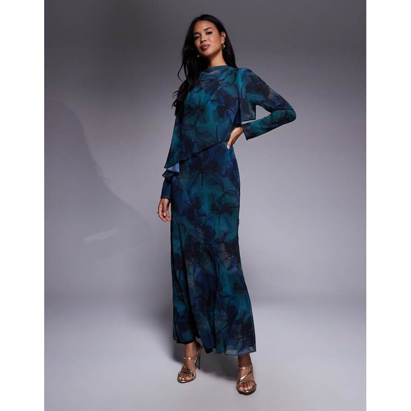 Daska ruffle cape maxi dress in deep blue abstract print-Multi 108782285