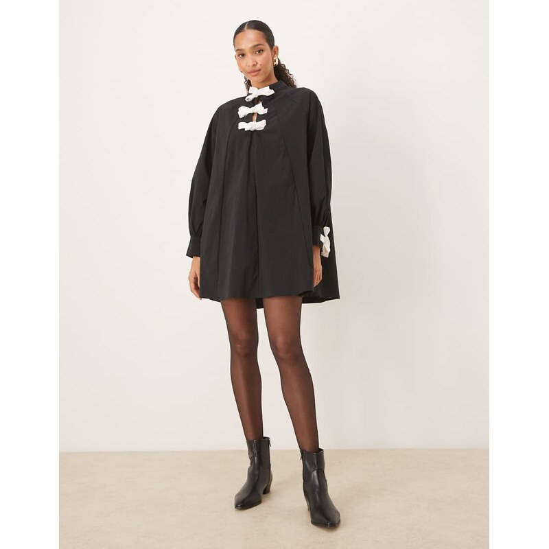 Ghospell swing mini dress with bow detail in mono-Black 108782377
