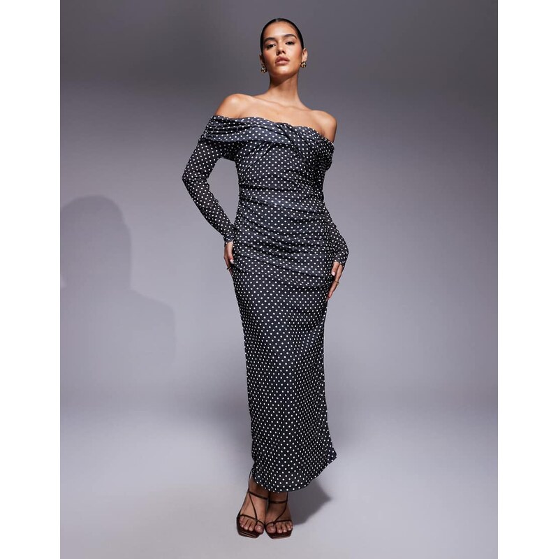 ASOS DESIGN textured mesh bardot twist front midi dress in polka