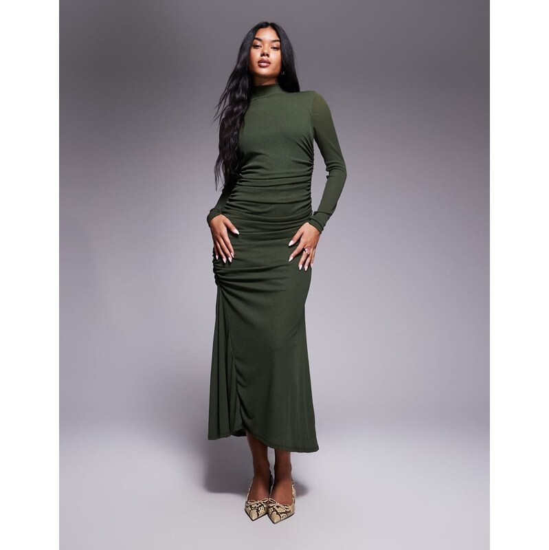 ASOS DESIGN high neck long sleeve asym hem maxi dress in khaki