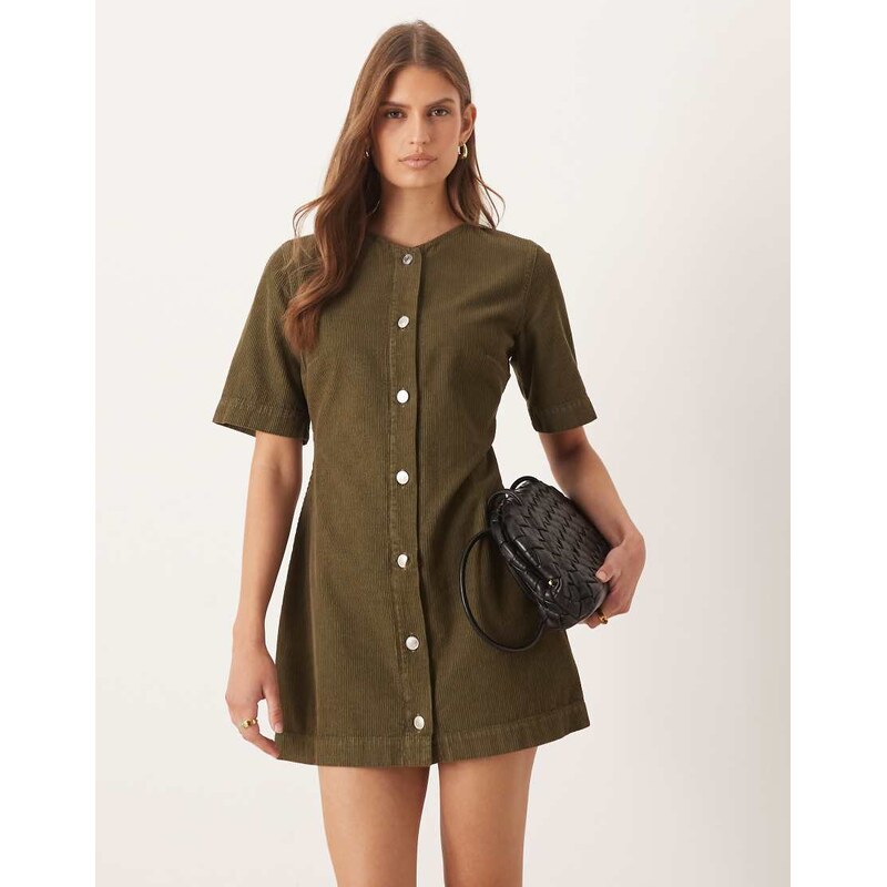 ASOS DESIGN cord high v neck mini dress in khaki-Green