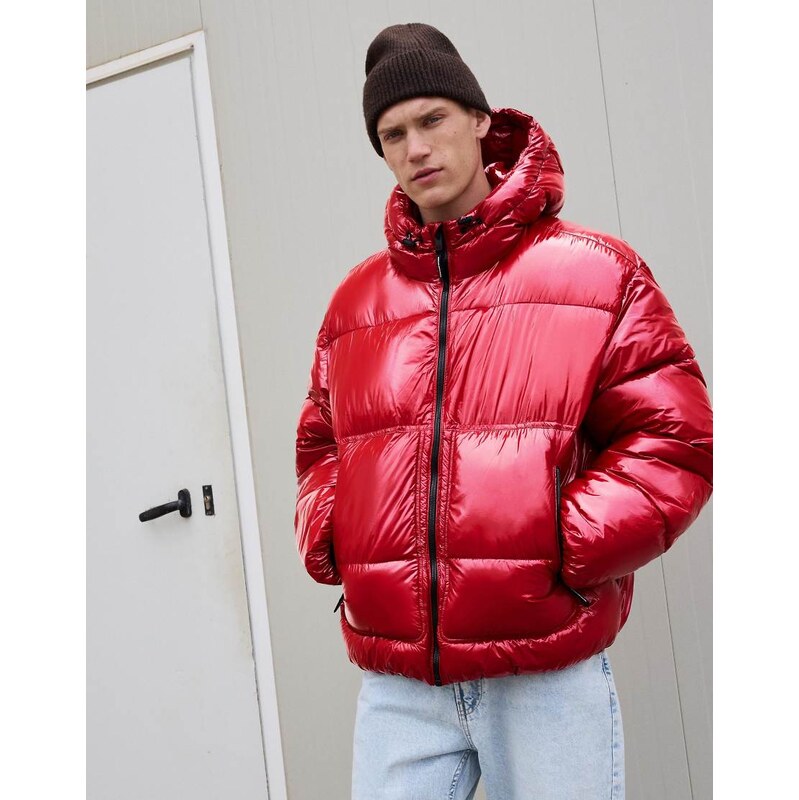 Bershka Hooded puffer jacket in red