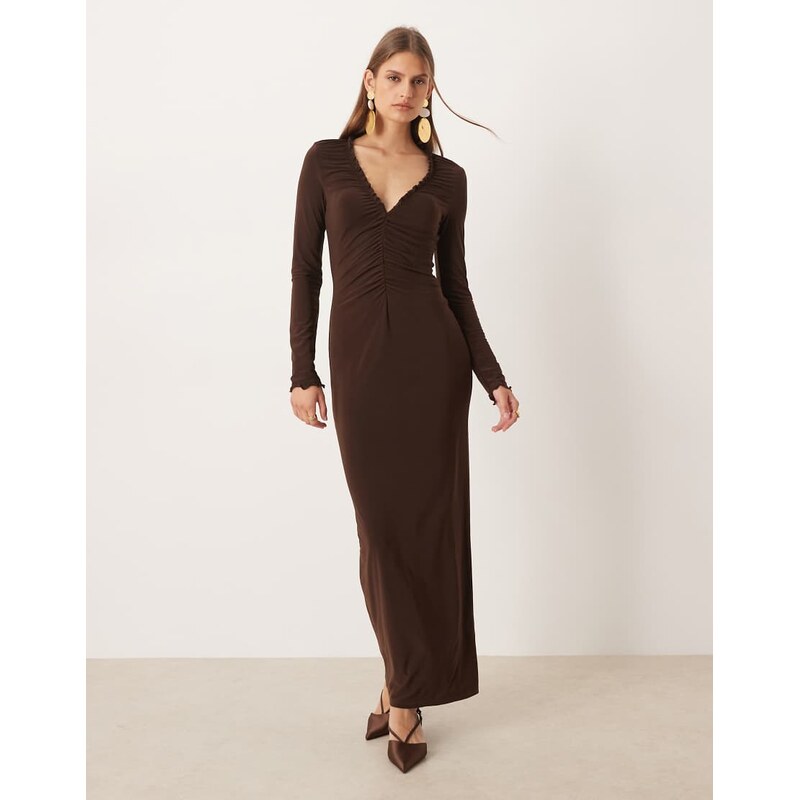 ASOS DESIGN long sleeve ruched front maxi dress in chocolate