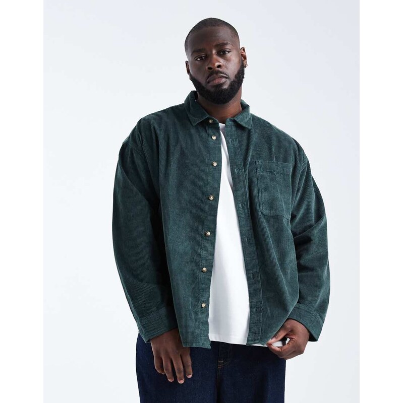ASOS DESIGN oversized cord shirt in dark green