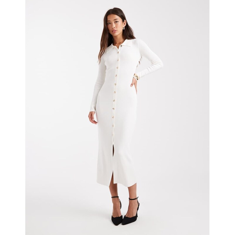 4th & Reckless ribbed knit gold button through collared maxi dress in 115513793
