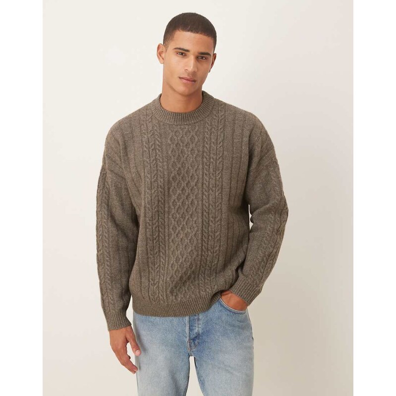 ASOS DESIGN oversized knitted cable crew neck jumper in brown