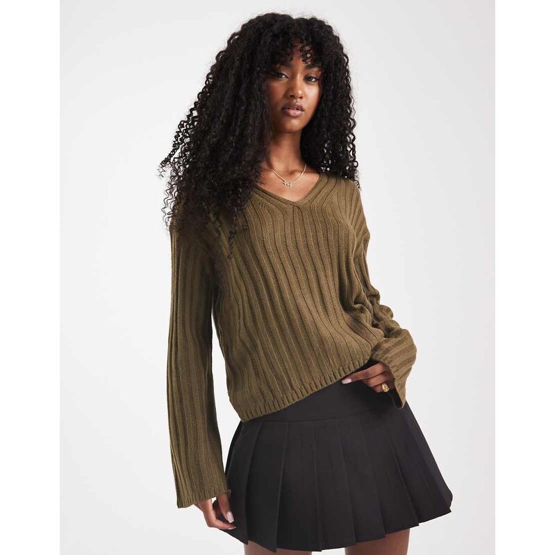 Brave Soul ribbed v-neck jumper in khaki-Green
