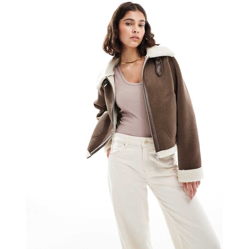 ONLY trucker coat with teddy trim in light brown 108784034