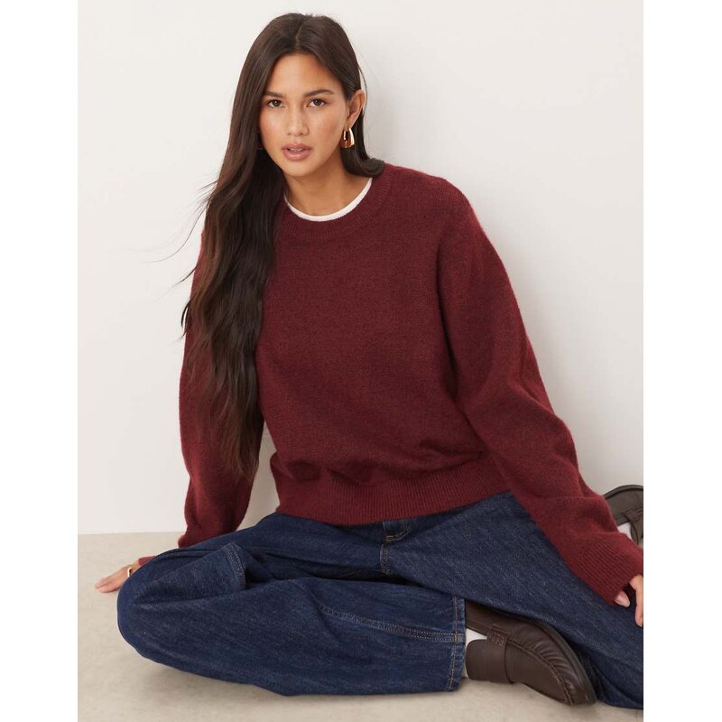 JJXX knitted crew jumper in burgundy-Red