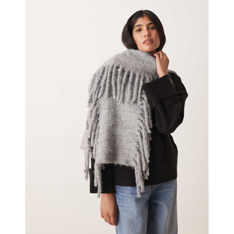 ASOS DESIGN wool mix fringe scarf in grey-Multi 108784100