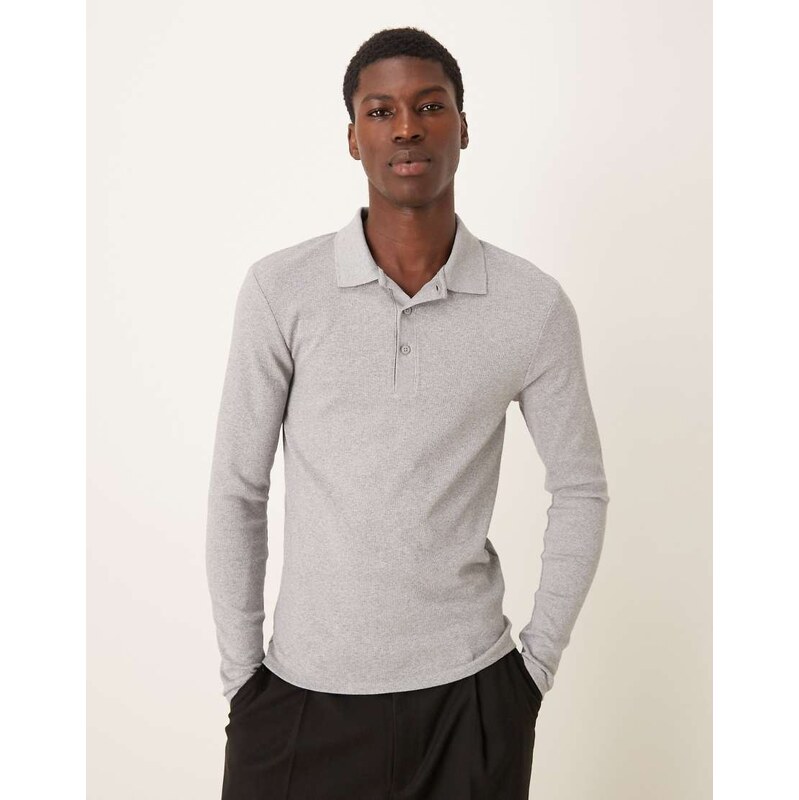 ASOS DESIGN muscle fit long sleeve heavyweight polo in grey marl rib - LGREY - LGREY