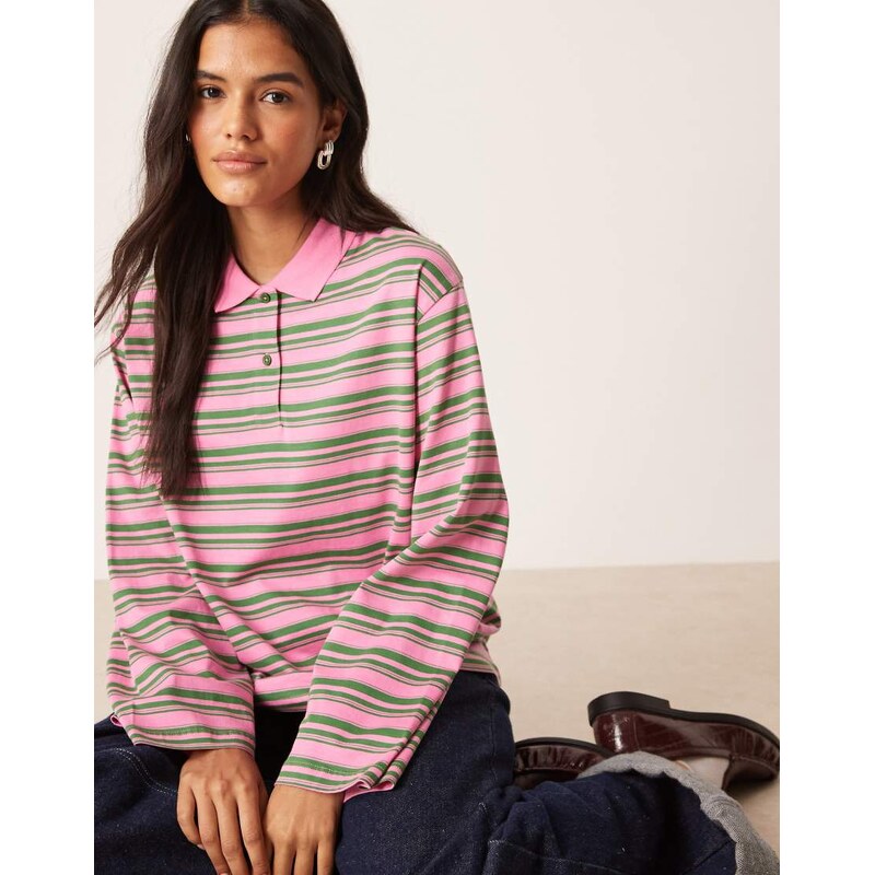 AWARE long sleeve polo top in green & pink stripe 115514364