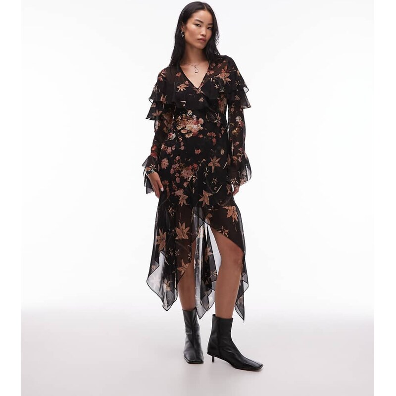 Allsaints Fresca floral ruffle dress in black-Brown 108784144