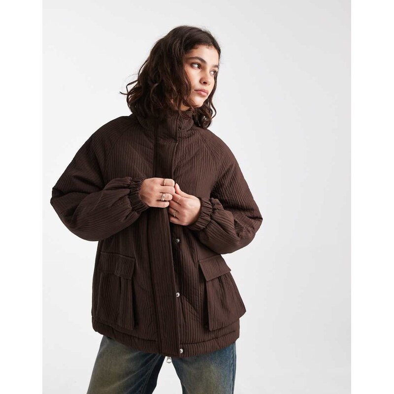 Pieces plisse effect funnel neck jacket in chocolate brown 108784168